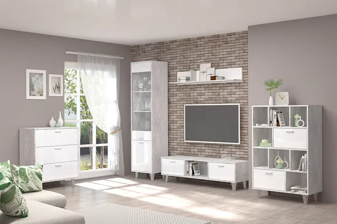 Гостиная Эго Бетон Светлый/Белый Глянец Вариант 2