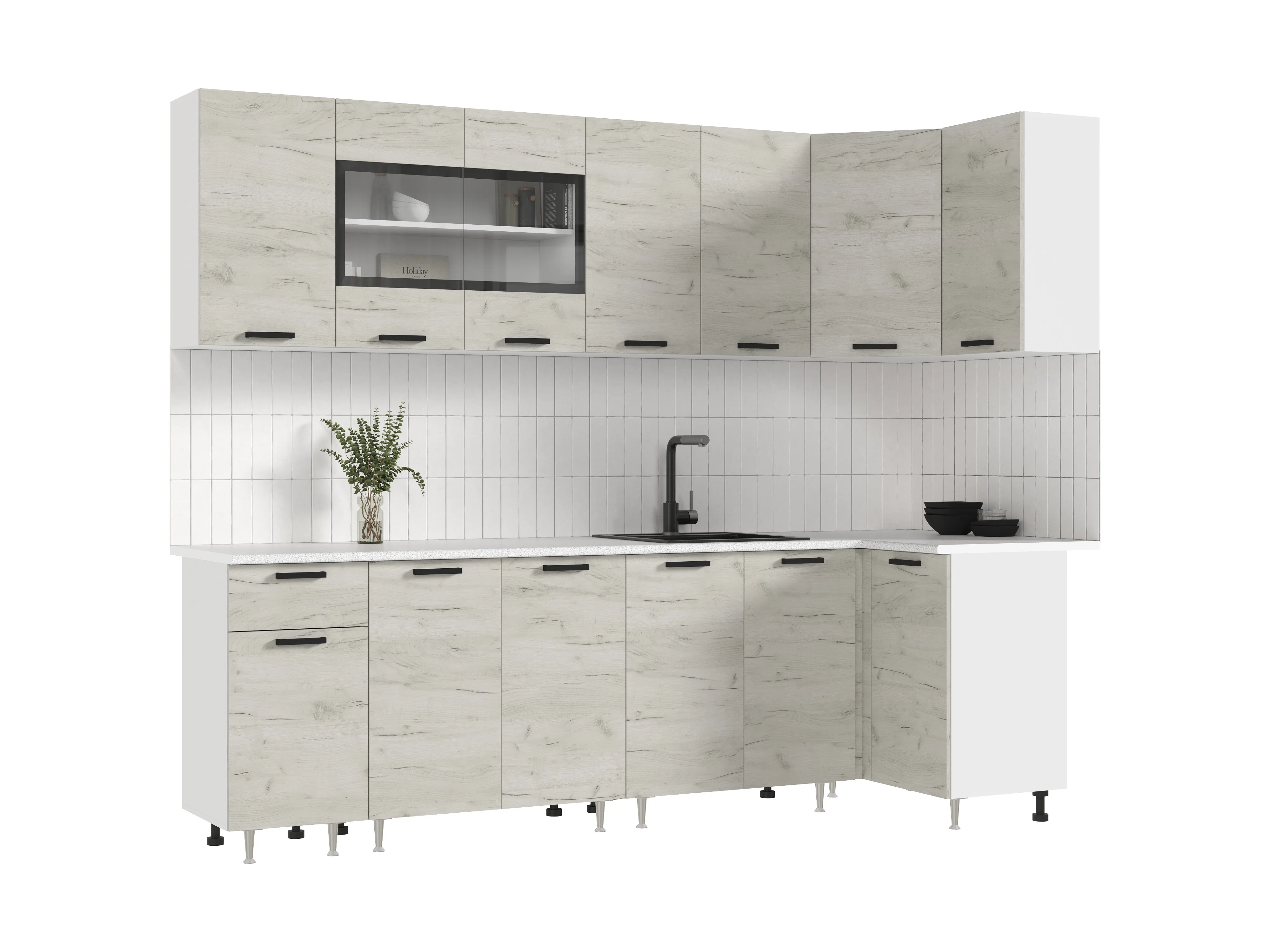 Кухня Рио New угловая 2,6*1,0 м (490) Дуб крафт белый, Белый (Антарес)