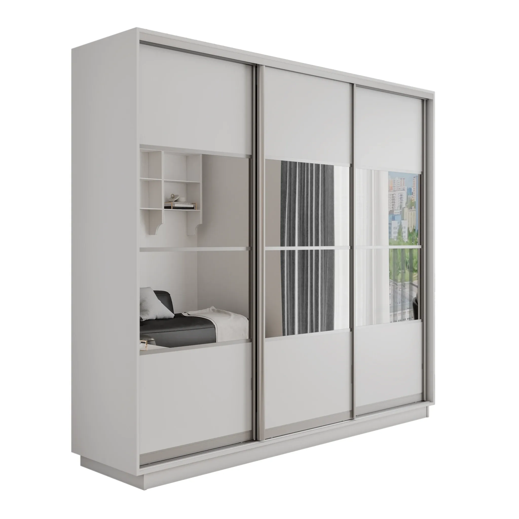 Шкаф-купе Оптим 3-х дверный 4 секции (ЛДСП, Зеркало) 210 см. 1 штанга, 11 полок, 4 ящика