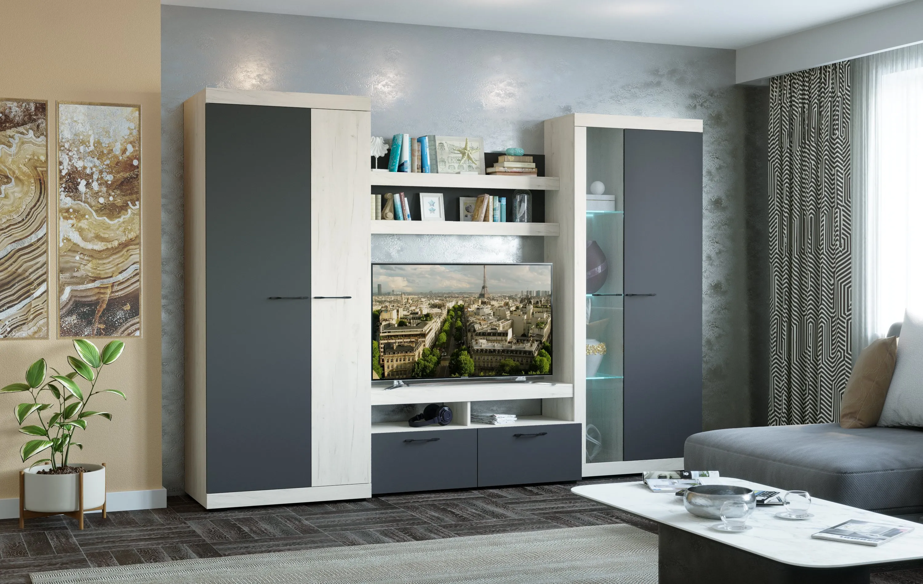 Гостиная Соната Композиция 2 Дуб Крафт белый - Антрацит 