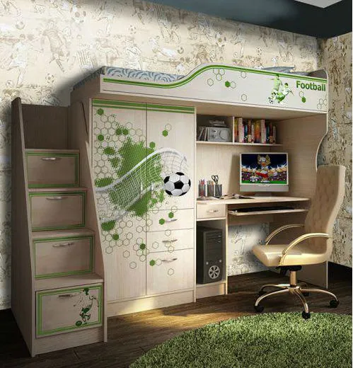 Кровать-чердак Футбол со столом и тумбой-лестницей