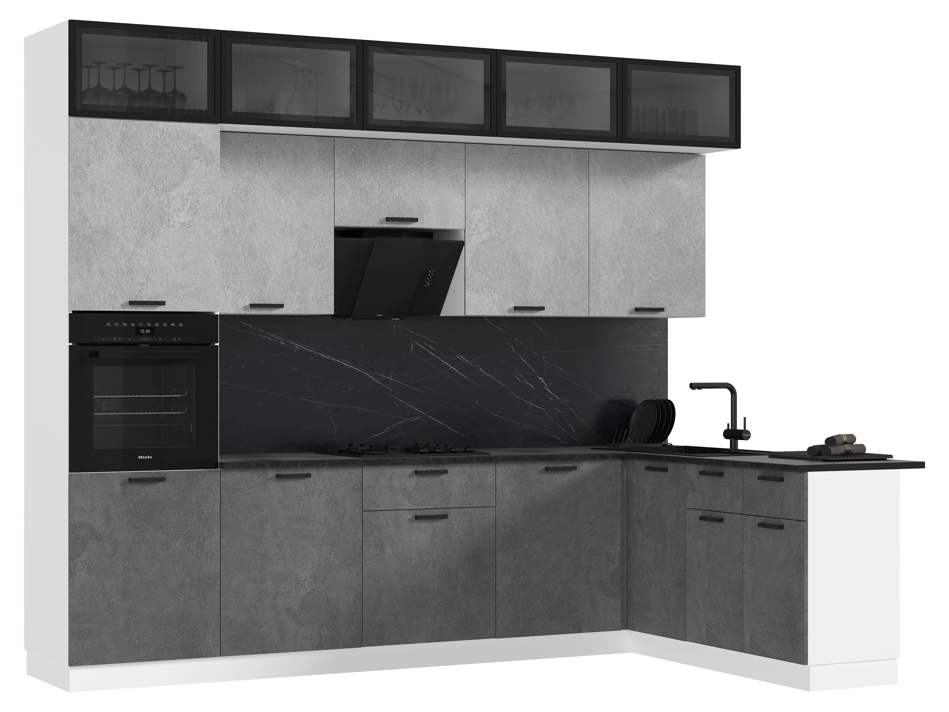 Кухня Рио New угловая 3,0*1,8м (490) Бетон светлый/Бетон темный, Белый (Антарес)