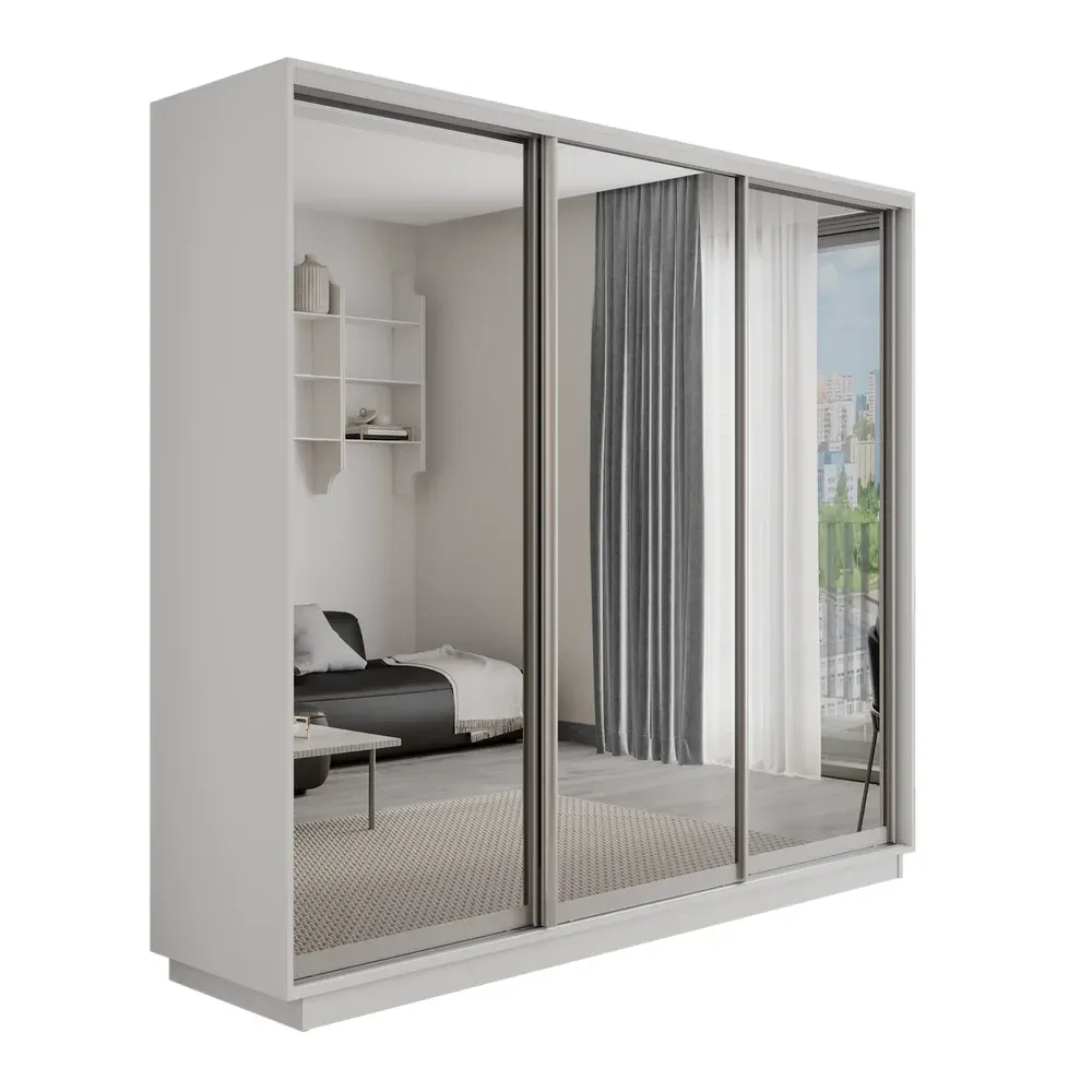 Шкаф-купе Оптим 3-х дверный 1 секция (Зеркало) 240 см. 2 штанги, 9 полок, 4 ящика