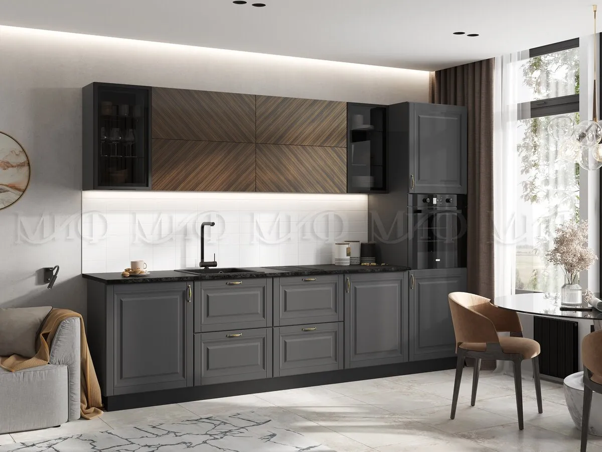 Кухня Престиж 3,0 компоновка №1 (Графит/Графит софт/Прайм орех)