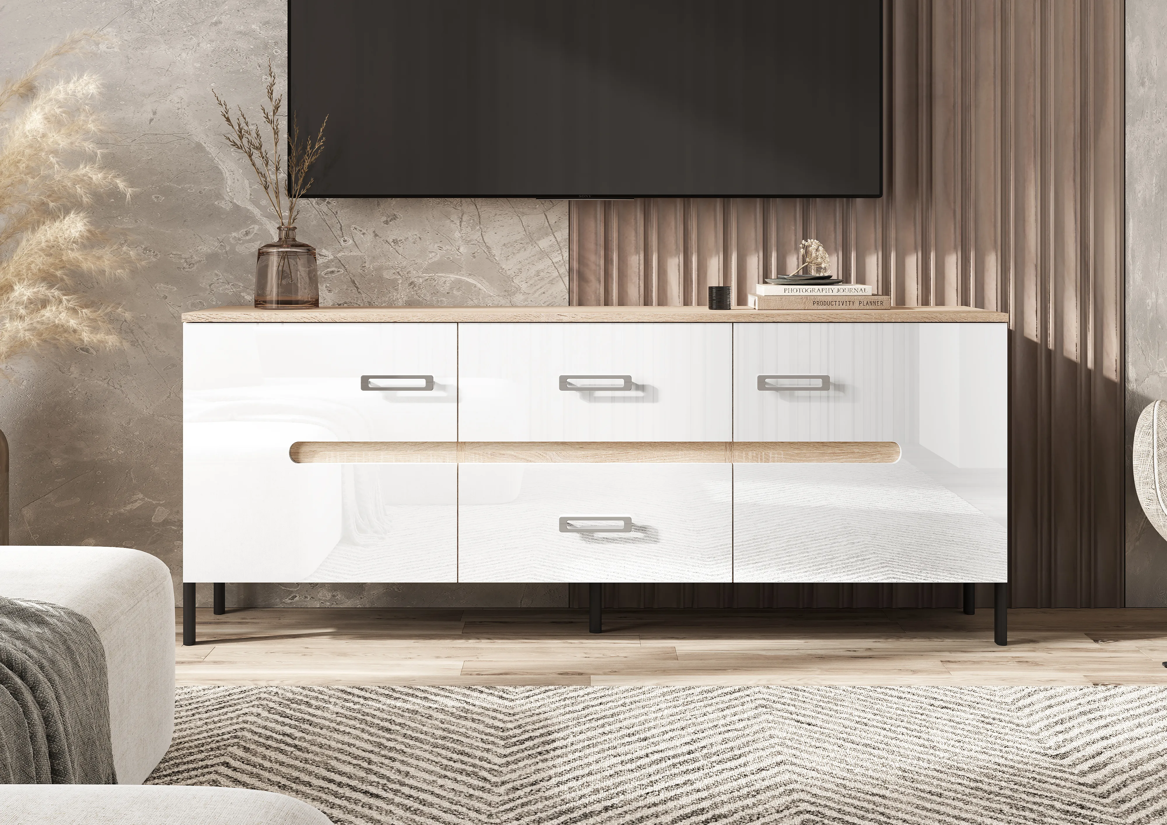 Тумба ТВ Ким (металл) Сонома/Белый глянец Тумба ТВ Ким (металл) Сонома/Белый глянец