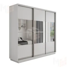 Шкаф-купе Оптим 3-х дверный 4 секции (ЛДСП, Зеркало) 210 см. 1 штанга, 11 полок, 4 ящика
