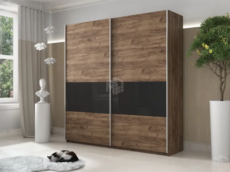 Шкаф-купе Прайм Широкий 2-х дверный 220 см, Крафт табачный/Черное стекло