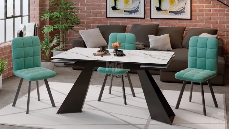 Стол обеденный Гермес Черный муар, Стекло глянцевое белый мрамор