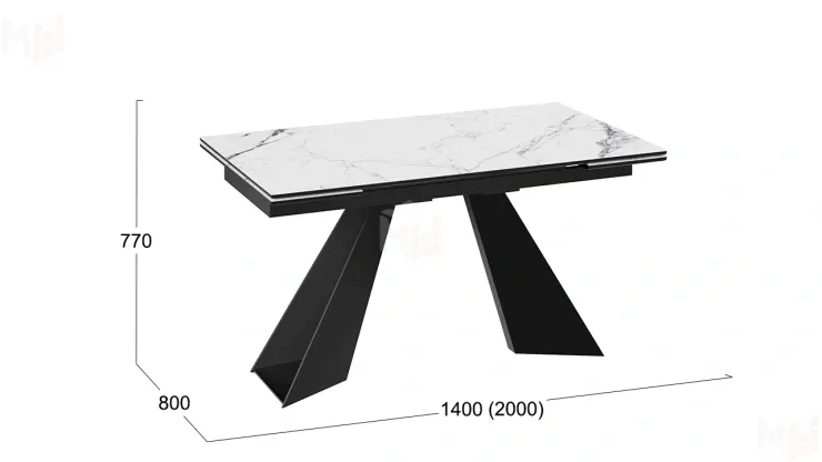 Стол обеденный Гермес Черный муар, Стекло глянцевое белый мрамор