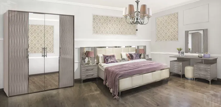 Шкаф Гравита 4-дверный серый камень глянец с зеркалом