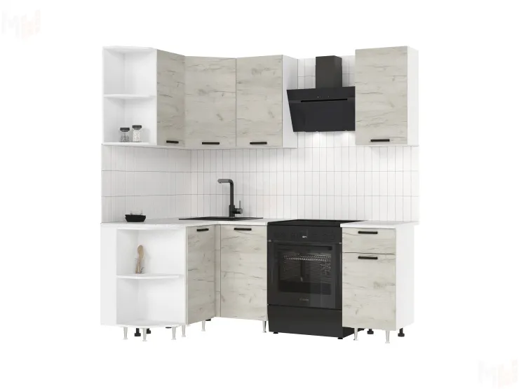 Кухня Рио New угловая 2,0*1,3 м (490) Дуб крафт белый, Белый (Антарес)