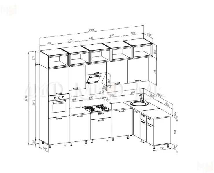 Кухня Рио New угловая 3,0*1,8 м (490) комп. №2 Дуб крафт, белый (Кастилло темный)