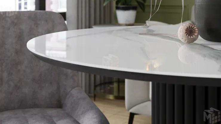 Стол обеденный Айрис Тип 1 Черный муар, Стекло глянцевое белый мрамор