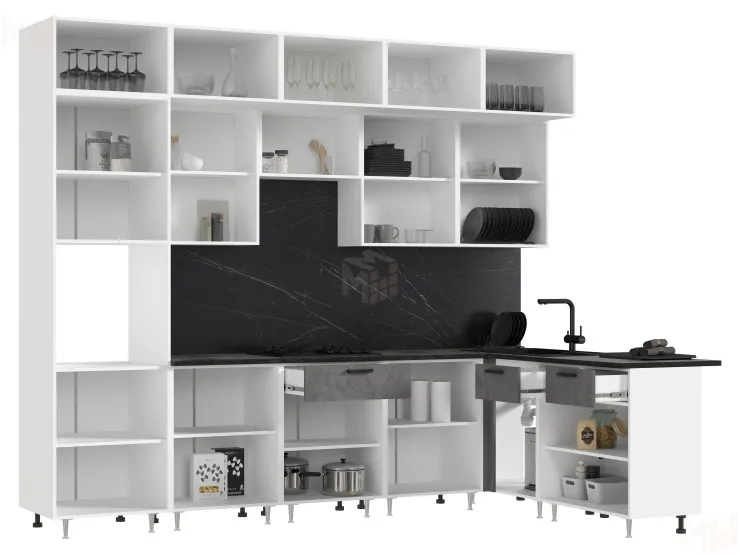 Кухня Рио New угловая 3,0*1,8м (490) Бетон светлый/Бетон темный, Белый (Антарес)