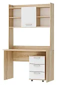 Компьютерный стол ПКС-9 с надстройкой и выкатной тумбой Сонома-Белый глянец