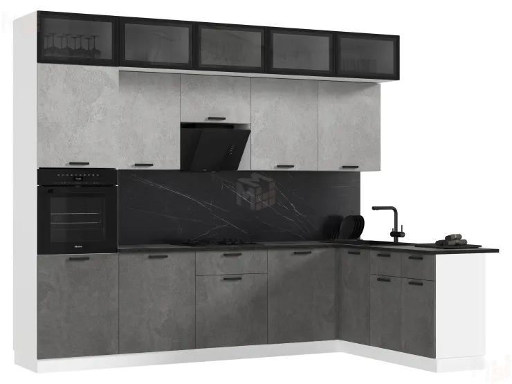 Кухня Рио New угловая 3,0*1,8м (490) Бетон светлый/Бетон темный, Белый (Антарес)