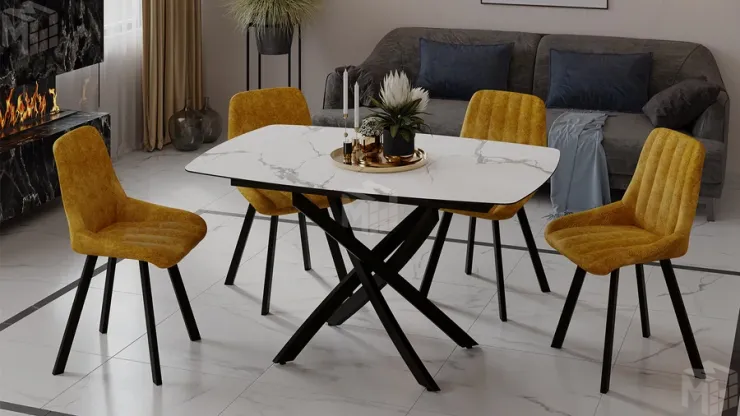 Стол обеденный раздвижной Манхеттен Т1 Черный муар, Стекло матовое белый мрамор