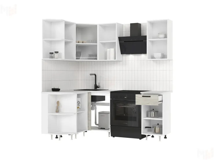 Кухня Рио New угловая 2,0*1,3 м (490) Дуб крафт белый, Белый (Антарес)