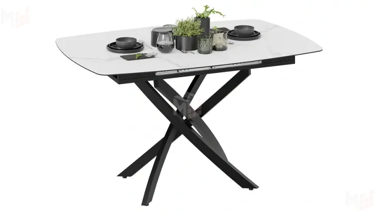 Стол обеденный раздвижной Манхеттен Т1 Черный муар, Стекло матовое белый мрамор