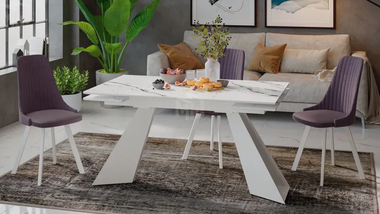 Стол обеденный Гермес Белый муар, Стекло глянцевое белый мрамор