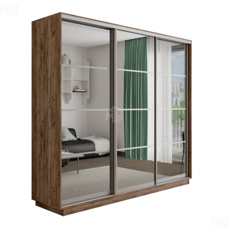 Шкаф-купе Оптим 3-х дверный 4 секции (Зеркало) 240 см. 2 штанги, 9 полок, 4 ящика