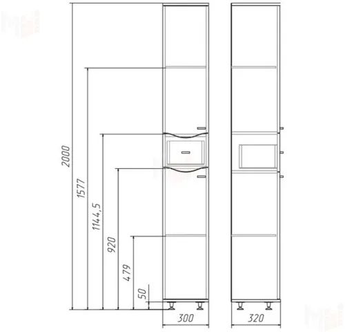 Пенал напольный Домино 30 Волна с верхним ящиком В1 Айсберг