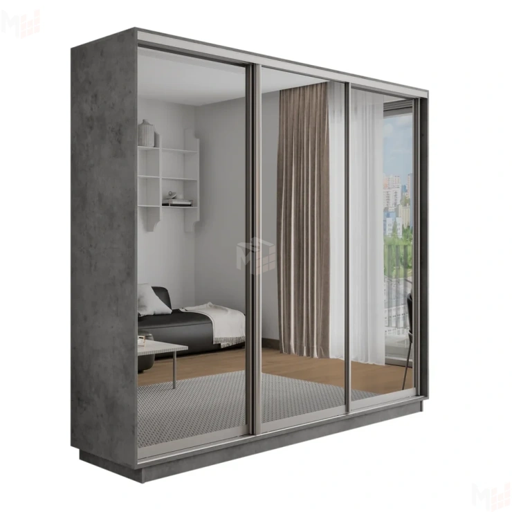 Шкаф-купе Оптим 3-х дверный 1 секция (Зеркало) 240 см. 2 штанги, 9 полок, 4 ящика