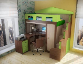 Кровать-чердак Фанки Хоум с тумбой и письменным столом Фанки Тайм