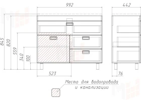 Тумба под умывальник "Elen 100" Cube с тремя ящиками В3 Домино