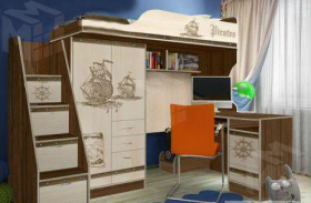 Детская мебель Пираты: кровать-чердак ПР-4/1 + лестница ПР-13/8 + стол КП-13/1